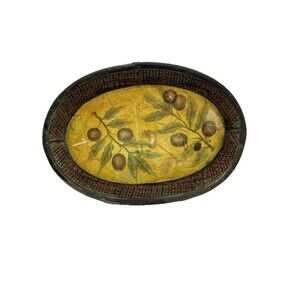 Vintage Oval Woven Rattan Tray Fruit Basket Wood Folk Art Plums